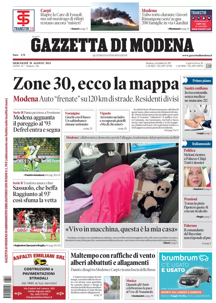 Prima-pagina-gazzetta di modena-oggi-edizione-del-2024-08-28